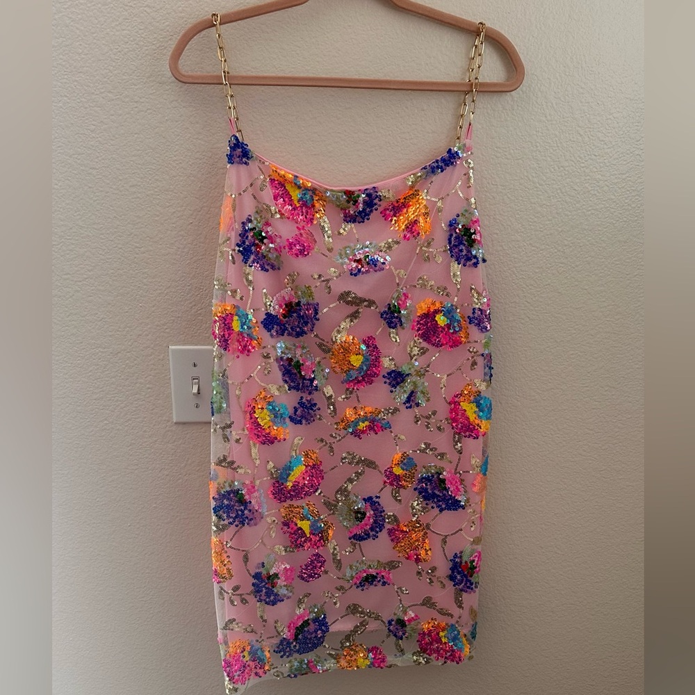 Colorful glitter sequin dress with gold chain straps